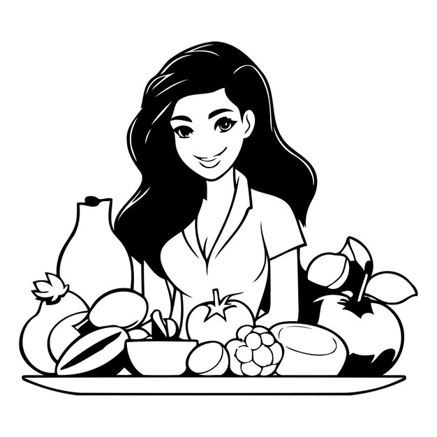 Belle Jeune Femme Avec Des Fruits Et Légumes Frais Illustration Vectorielle