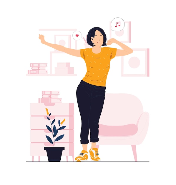 Belle jeune femme joyeuse écoutant de la musique dans des écouteurs et des illustrations de concept de danse