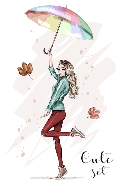 Vecteur belle jeune femme avec un parapluie coloré.