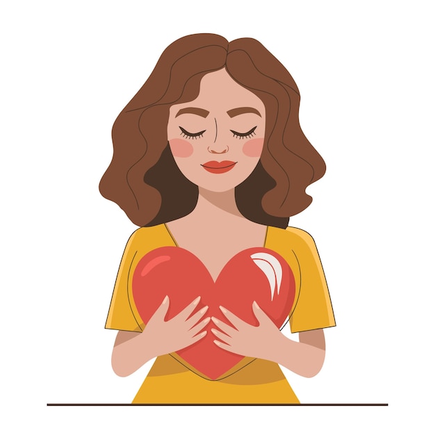 Une belle jeune femme tenant un cœur rouge Concept de la fête de la Saint-Valentin Exprimant l'amour et l'affection vecteur