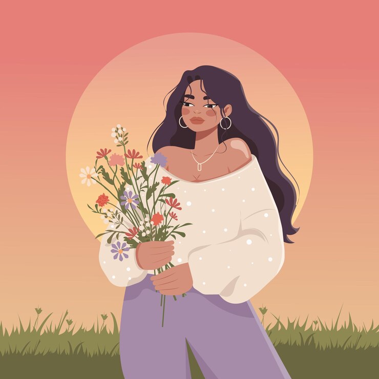 Vecteur une belle jeune femme en vêtements confortables tient un bouquet de fleurs sauvages dans ses mains vector