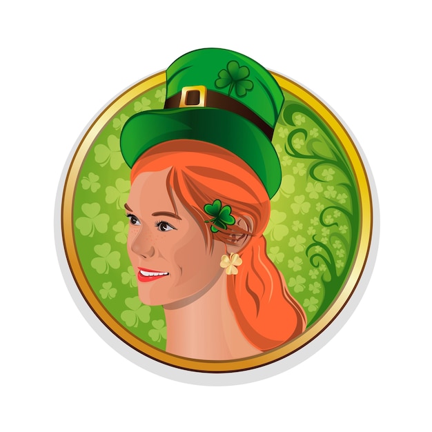 Belle jolie fille irlandaise pour Saint Patricks Day Jolie fille rousse dans un chapeau de lutin vert Vecteur rond autocollant pour St Patricks Day