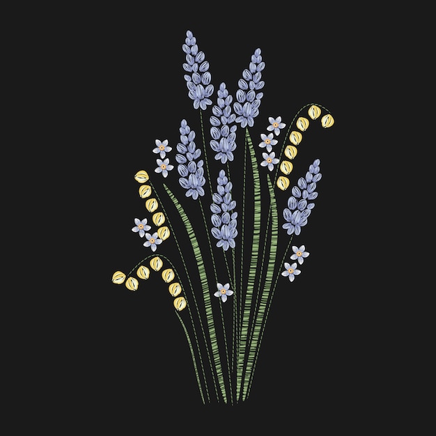 Belle Lavande Brodée De Points Violets Et Verts Sur Fond Noir. Superbe Motif De Broderie Florale Avec Une Plante Herbacée à Fleurs. Couture Ou Artisanat. Illustration.