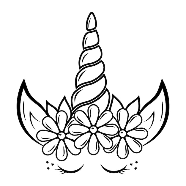 Vecteur belle licorne avec pétales et fleurs contour vectoriel pour livre de coloriage