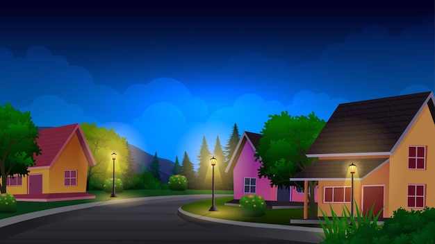 Vecteur belle maison résidentielle la nuit avec illustration de lampadaires, pelouse verte, buisson et arbres