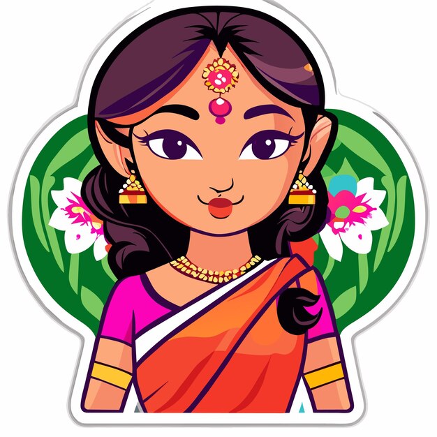 Belle Mariée Indienne Sari Portrait Dessiné à La Main Dessin Animé Autocollant Icône Concept Illustration Isolée