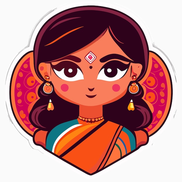 Vecteur belle mariée indienne sari portrait dessiné à la main dessin animé autocollant icône concept illustration isolée