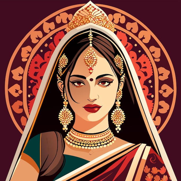 Vecteur belle mariée indienne sari portrait dessiné à la main dessin animé autocollant icône concept illustration isolée