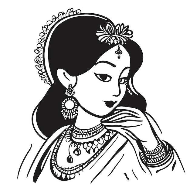 Vecteur belle mariée indienne sari portrait dessiné à la main dessin animé autocollant icône concept illustration isolée