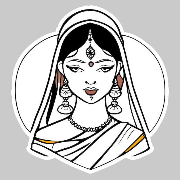 Vecteur belle mariée indienne sari portrait dessiné à la main dessin animé autocollant icône concept illustration isolée