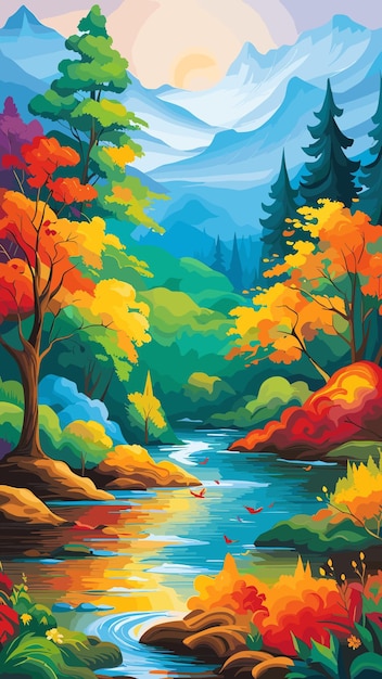 Belle montagne avec une rivière qui coule paysage peinture à l'huile œuvre d'art vectoriel