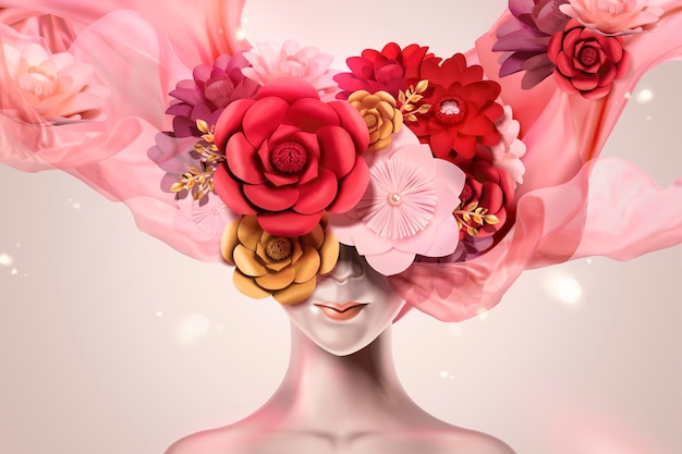 Belle et mystérieuse femme avec couvre-chef de fleurs en papier et mousseline de soie volante dans un style 3d