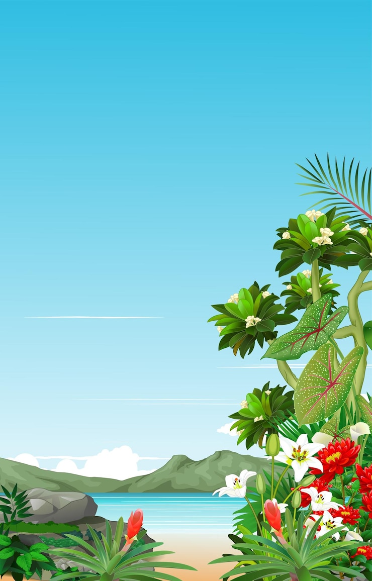Vecteur belle nature avec des plantes tropicales et un fond de montagne