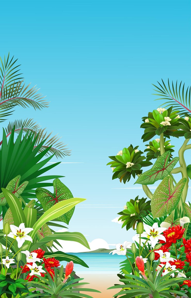 Vecteur belle nature avec des plantes tropicales et un fond de montagne