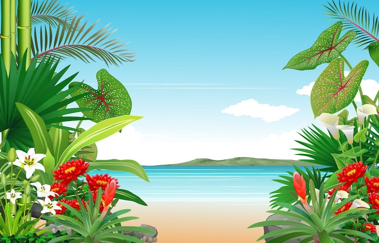 Vecteur belle nature avec des plantes tropicales et une plage en arrière-plan