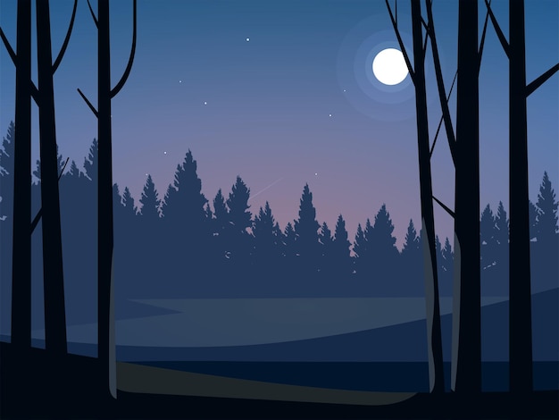 Vecteur belle nuit en forêt au clair de lune
