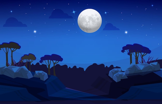 Belle Nuit Avec Lune Avec Ciel Avec Modèle D'illustration De Paysage De Nuit Sombre.