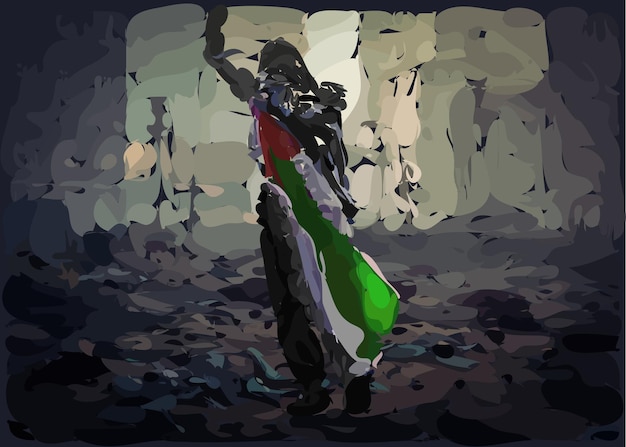 Vecteur belle peinture vectorielle abstraite d'un homme tenant le drapeau de la palestine sur un fond en ruines