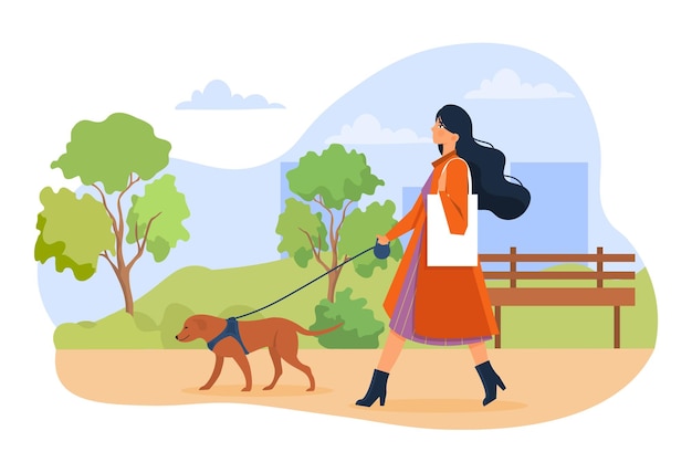 Belle Personnage Féminin Se Promène Avec Le Chien Dans Le Parc De La Ville Concept D'activité En Plein Air Pour