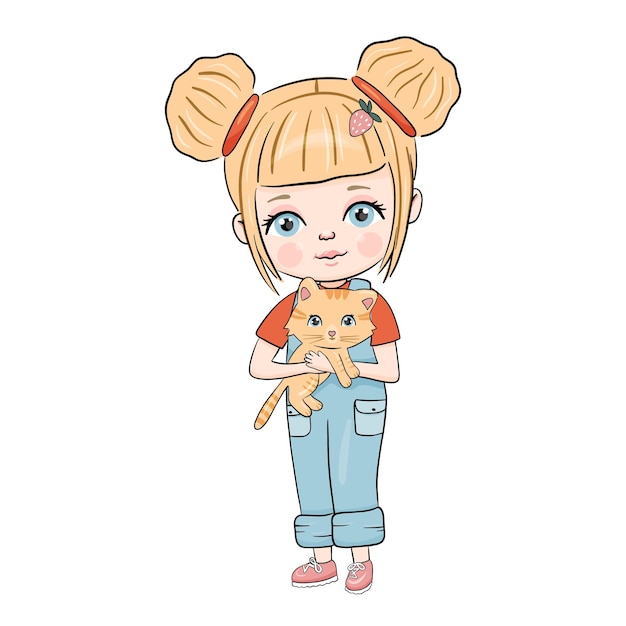 Belle petite fille blonde mignonne dessinée à la main avec un joli chat sur les mains Fille en pantalon Illustration vectorielle