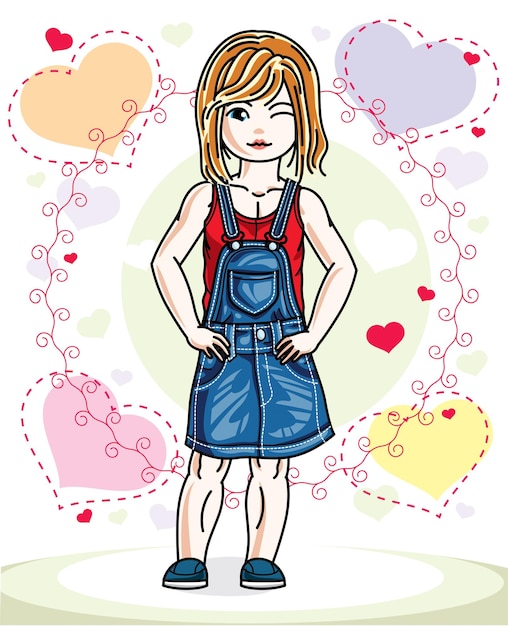 Vecteur belle petite fille rousse portant des vêtements décontractés et debout sur fond coloré avec des coeurs aimants. illustration humaine de vecteur.