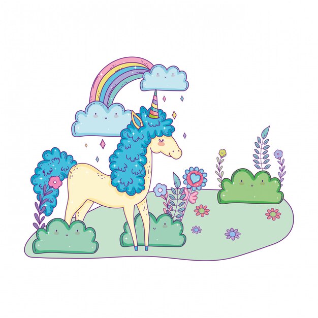 Belle Petite Licorne Avec Arc-en-ciel Dans Le Paysage