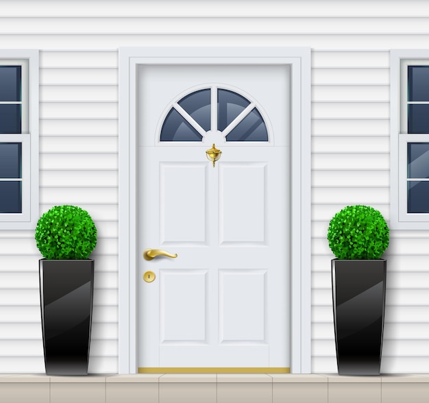 Belle petite maison blanche avec des arbres en pots. Graphiques vectoriels