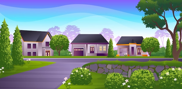 Belle petite ville avec rue, pelouse verte, buisson et arbres illustration vectorielle