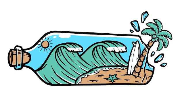 Vecteur belle plage dans une illustration de bouteille