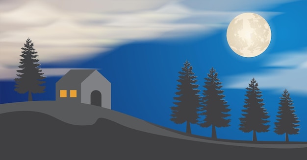 Belle Pleine Lune Avec Illustration Vectorielle De Village Vue Fond