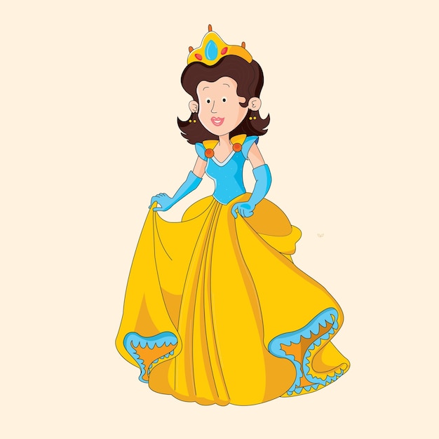 Vecteur belle princesse mignonne tenant sa longue robe jaune illustration vectorielle