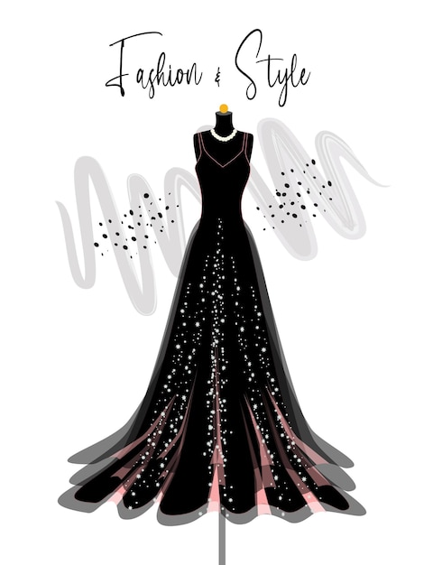 Une belle robe longue noire sur l'illustration de mode mannequin