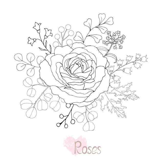 Belle Rose Noire Et Blanche Et Feuilles Illustration Vectorielle