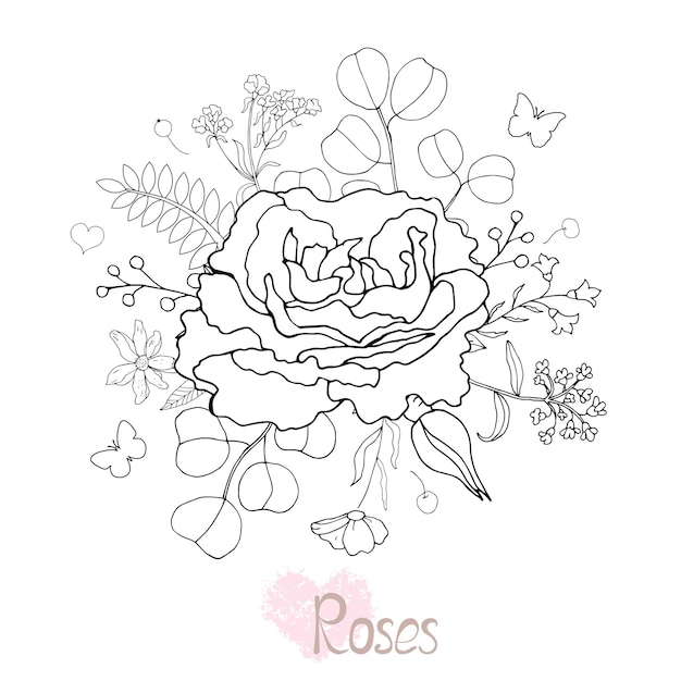 Belle Rose Noire Et Blanche Et Feuilles Illustration Vectorielle