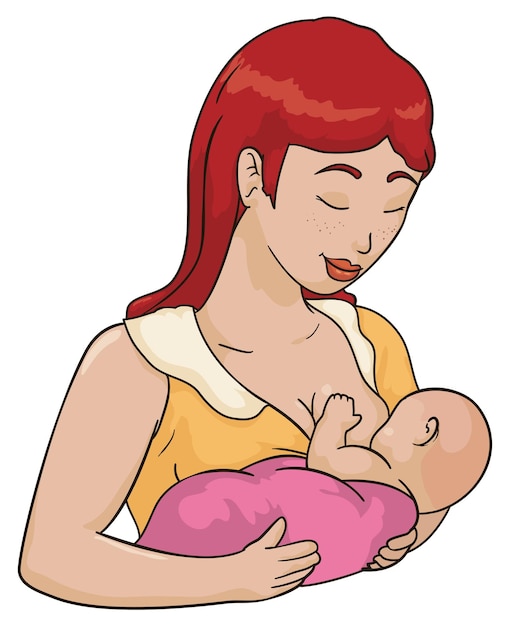 Vecteur une belle scène avec une mère aux cheveux roux avec des taches de rousseur sur le visage allaitant son bébé avec amour et soin.