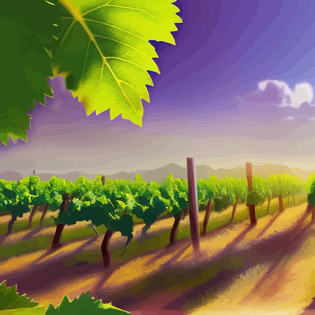 Vecteur belle scène rurale avec vignoble sur des collines avec arbres et buissons sur fond de