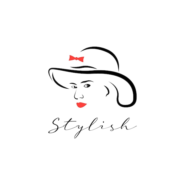 Belle Silhouette Contour Tête De Femme Au Chapeau Logo élégant De Fille Aux Lèvres Rouges Icône De Dame De Mode