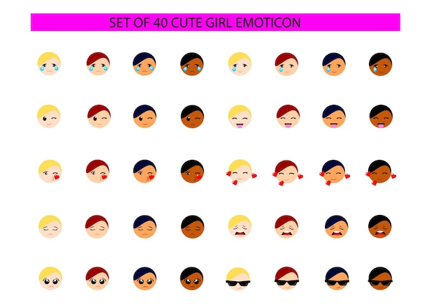 Belle Simple émoticône De Dessin Animé Mignon Emoji Fille Ou Femme Avec Divers Vecteurs De Couleur De Peau Et De Cheveux
