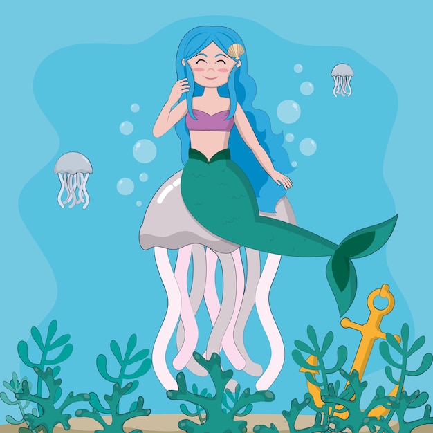 Belle Sirène Nageant En Mer Avec Des Méduses Vector Illustration Graphisme