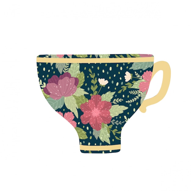 Belle Tasse De Thé Avec Des Fleurs Et Des Feuilles Isolés Sur Fond Blanc.