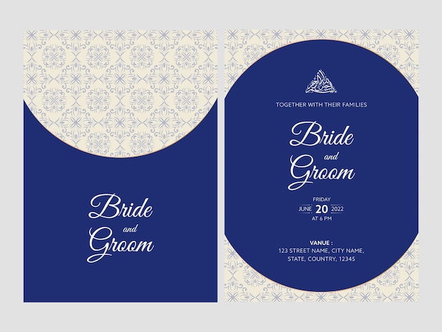 Belles cartes d'invitation de mariage islamique avec texte de calligraphie arabe en couleur bleue