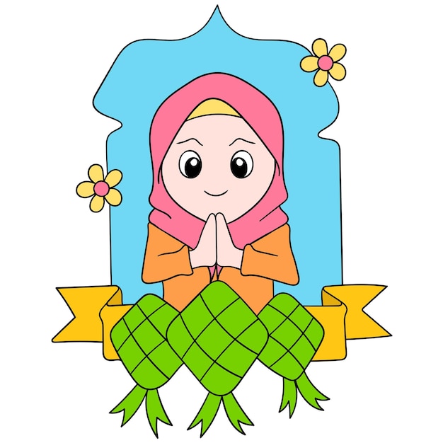 De belles femmes musulmanes portant des hijabs accueillent le mois de culte du Ramadan, art d'illustration vectorielle. doodle icône image kawaii.