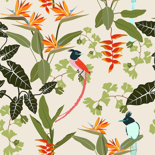 Belles Feuilles Tropicales, Fleurs Et Oiseaux Illustration Vectorielle Continue