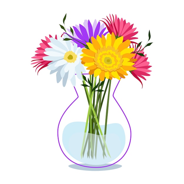 Belles Fleurs De Gerbera Dans Un Vase En Verre Illustration Dessinée à La Main Isolé Sur Fond Blanc