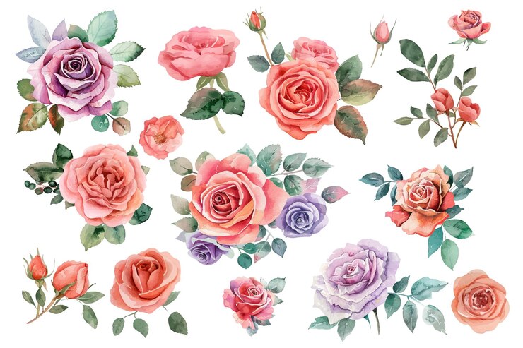 De belles fleurs de roses sont dessinées à l'aquarelle