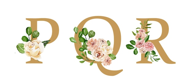 Belles lettres de vacances dorées décorées de fleurs aquarelles