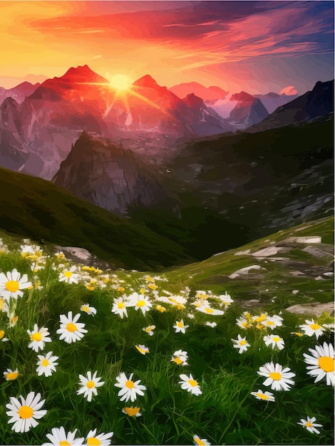 Vecteur de belles marguerites blanches en fleurs sur les montagnes en arrière-plan et le ciel au coucher du soleil avec des nuages vecteur réaliste