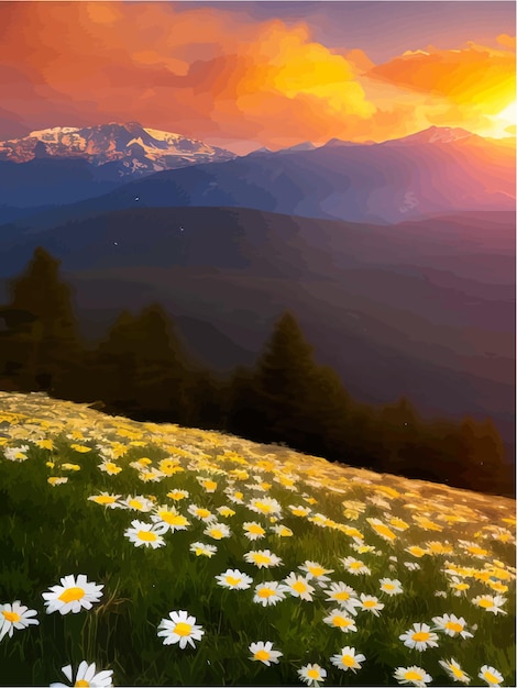 Vecteur de belles marguerites blanches en fleurs sur les montagnes en arrière-plan et le ciel au coucher du soleil avec des nuages vecteur réaliste