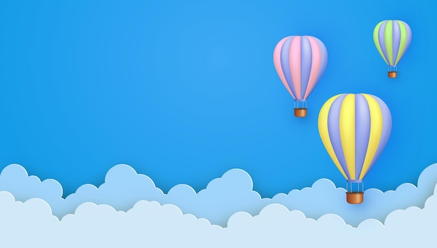 Belles Montgolfières 3d Survolant Les Nuages Sur Fond De Ciel Coupe De Papier Et Style De Dessin Animé 3d