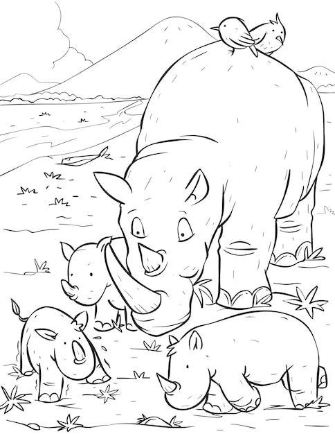 Belles pages à colorier et livre de coloriage pour enfants et adultes avec rhinocéros avec veau de rhinocéros